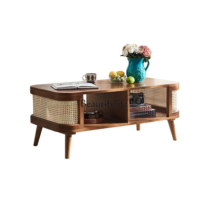 

6Simple ash wood antique living room small apartment walnut rattan drawer coffee table