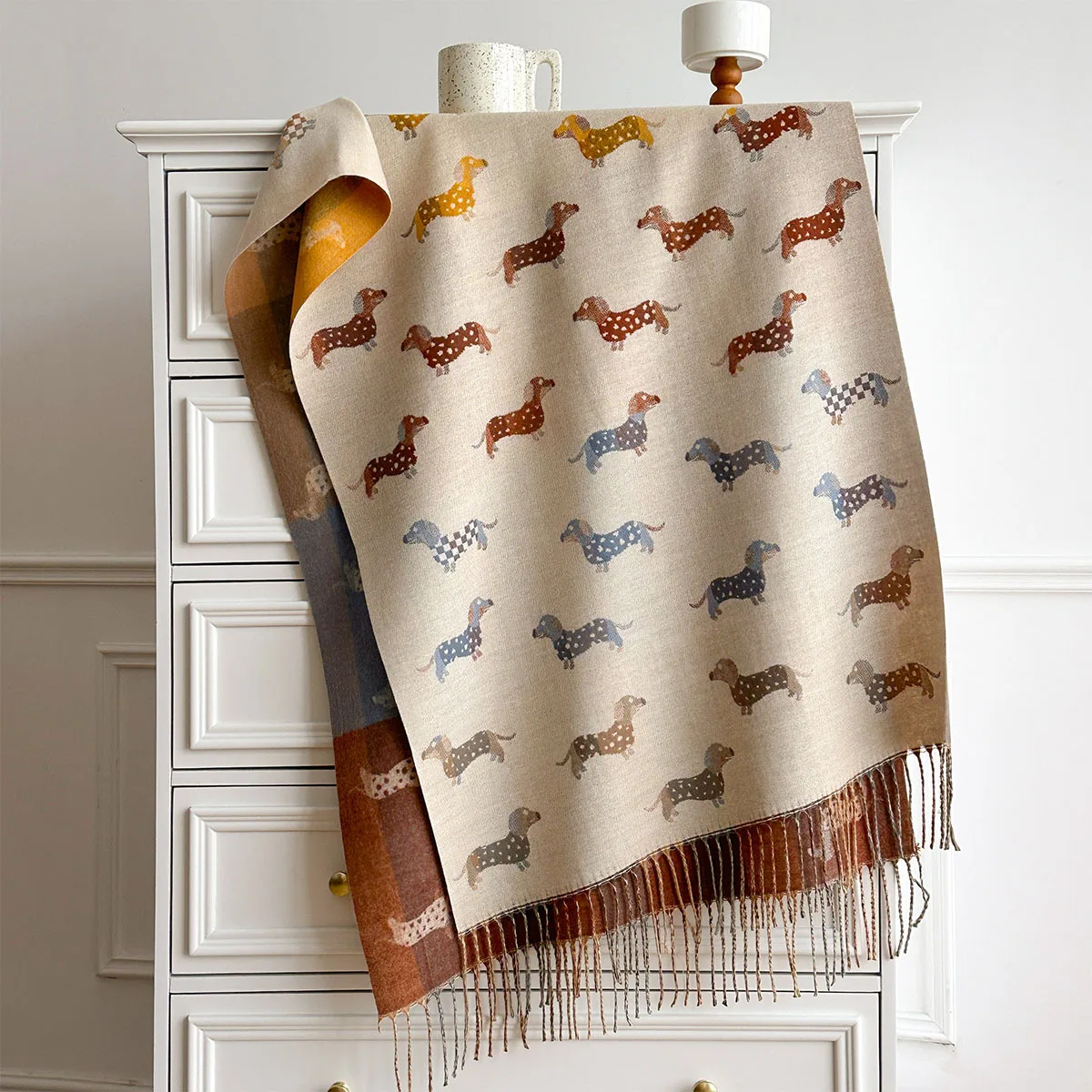 Faux Cashmere Reversible Wrap Scarf Women Lovely Multi Tone Dachshund Sketch Print Check Border Thick Warm Oversized Shawl