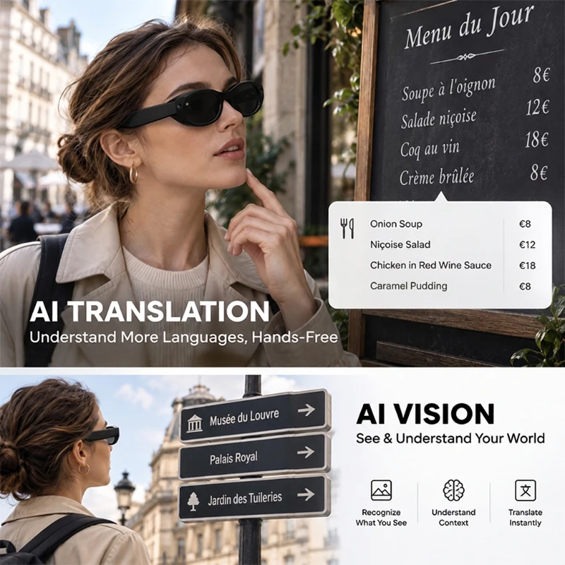 Smart Glasses AI Translator Voice Assistant Bluetooth Recording Women Sunglasses 8MP Camera Video Eyeglasses With Charging Case