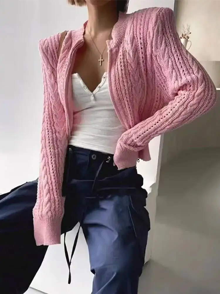 Chaquetas tipo cárdigans con cuello levantado para mujer, abrigos lisos de manga larga con hombreras informales de punto con cremallera elegante