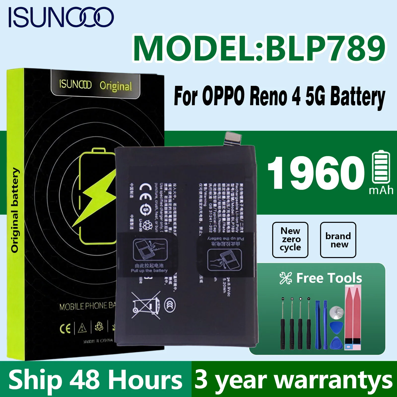 ISUNOO New Battery BLP789 For OPPO Reno 4 5G Battery + Free Tools