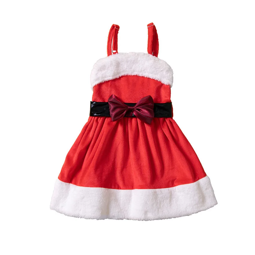 Christmas Dress Autumn Winter Red Velvet Sleeveless Fur Hanging Neck With Belt Dress For Middle Small Children Santa Claus Dress