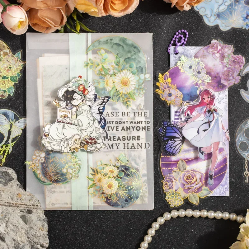 10Sheets Laser Gold Bronzing Planet Sticker Butterfly star Transformation Material Planner School Base Scrapbook Daily