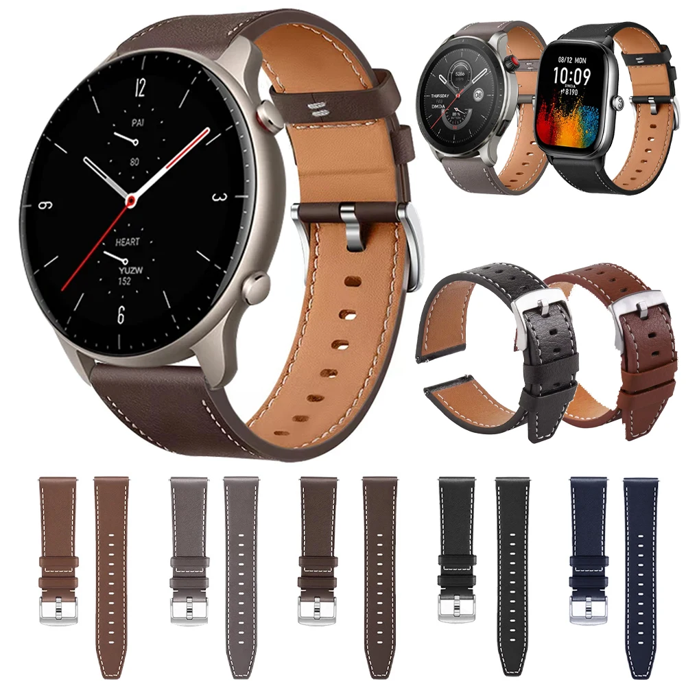 

20 22mm Genuine Leather Bracelet For Huami Amazfit GTR4/Bip 5/GTR 3 Pro/GTR2/2e/Stratos 3 Watch Straps GTS 4/3/2 Band Wristbands