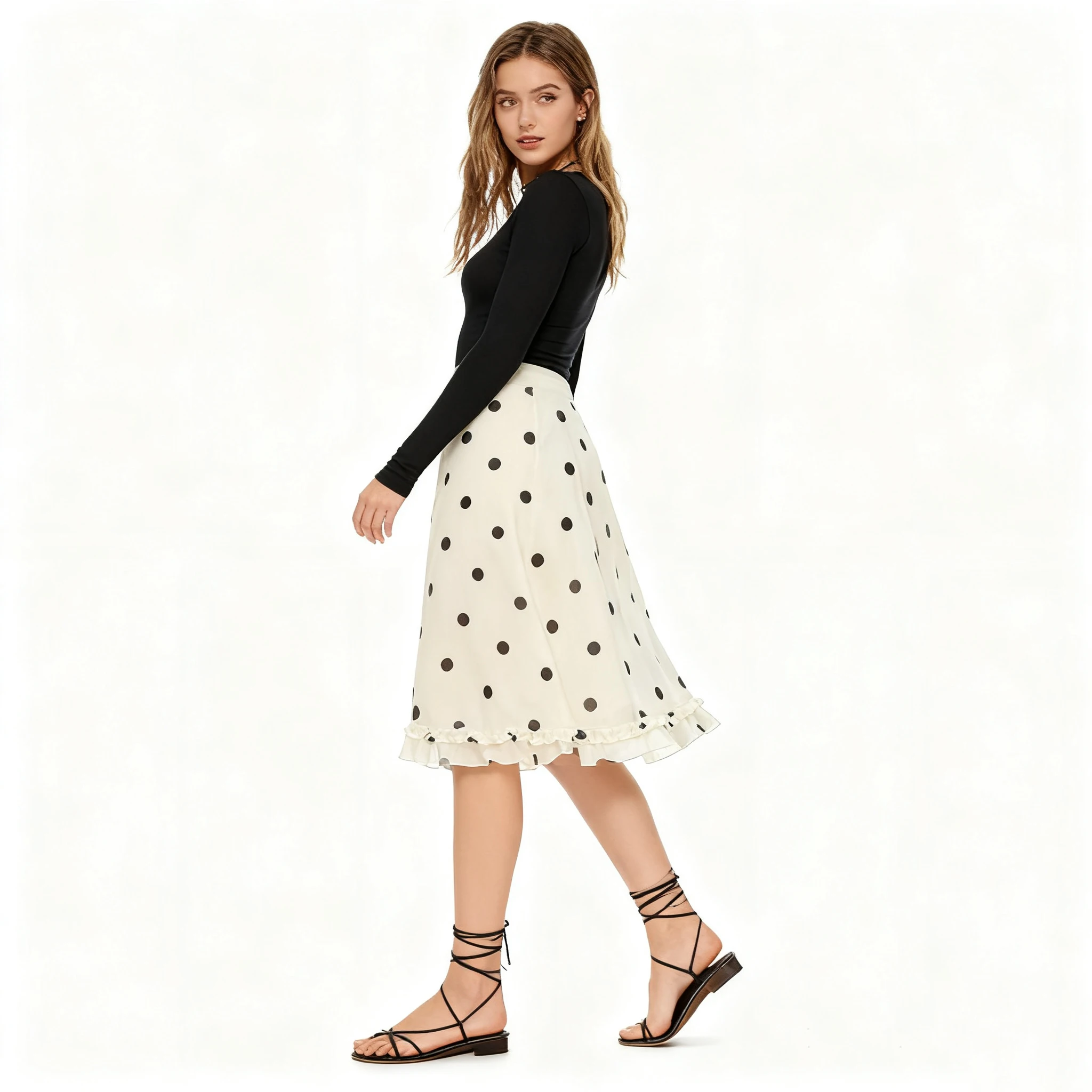 American retro spicy girl contrasting polka dot print bag hip skirt Spring/Autumn ladies slim fit spicy girl half body skirt