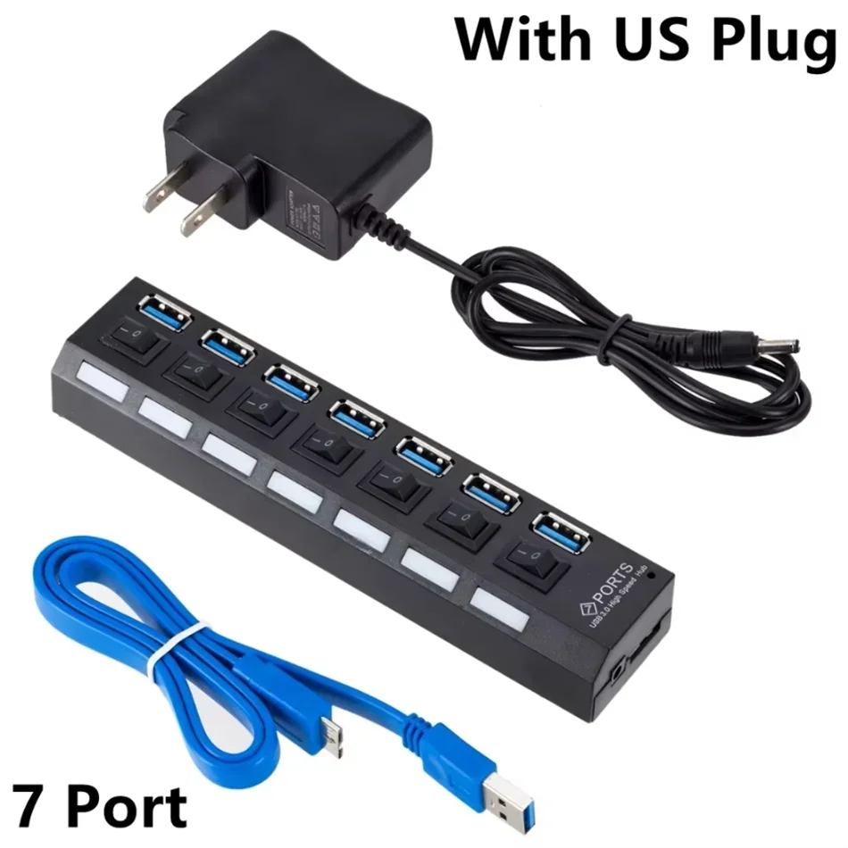USB-Hub 3.0 Multi-USB-Splitter Netzteil 4/7 Port Mehrfach-Erweiterung 2.0 mit Schalter für PC Laptop Zubehör