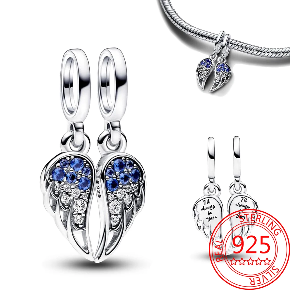 Colgante de plata de ley 925 para mujer, accesorio brillante con alas de Ángel divididas, compatible con pulsera, collares, regalo de joyería