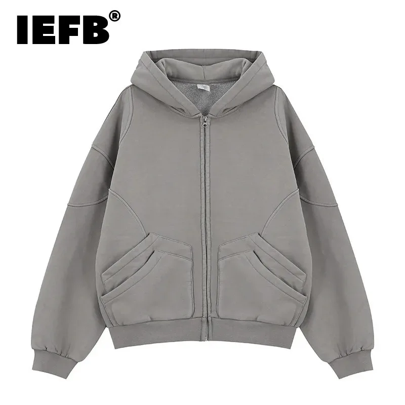 IEFB American Style Men's Hoodies Hooded Pockets Fleece Solid Color Casual Loose Menswear Zipper Male Sweatshirts Simple 9W418