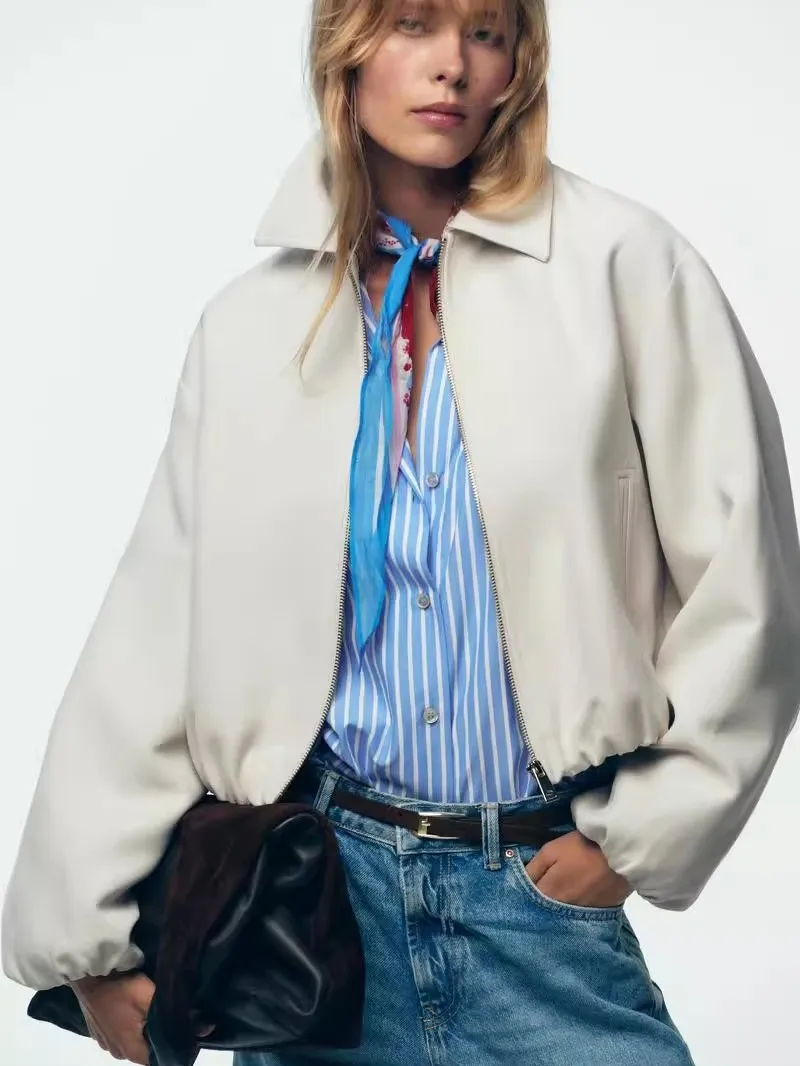 

Fall 2025 New Women's Casual Loose Fit Zipper Puff Sve Jaet with ket High-End Feel Faionable Turn-down Collar Coat