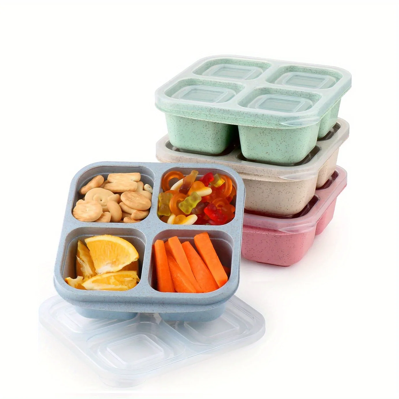 4 Pack Wheat Straw Plastic Snack Containers - Bento Lunch Box with 4 Compartments - Reusable Divided Food  for School, Work, and