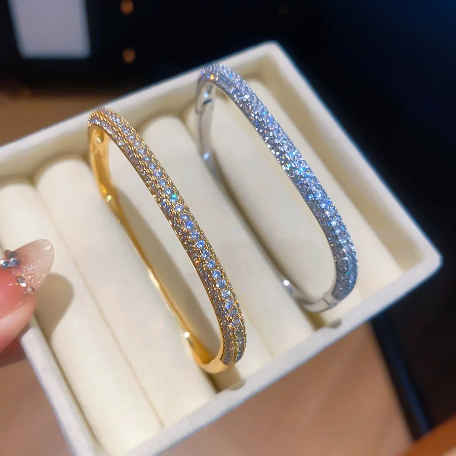  Luxury Sparkling Zircon Paved Bangle & Bracelet for Women Trendy Gold Color Geometric Square Bangle Fashion Party Jewelry Gift