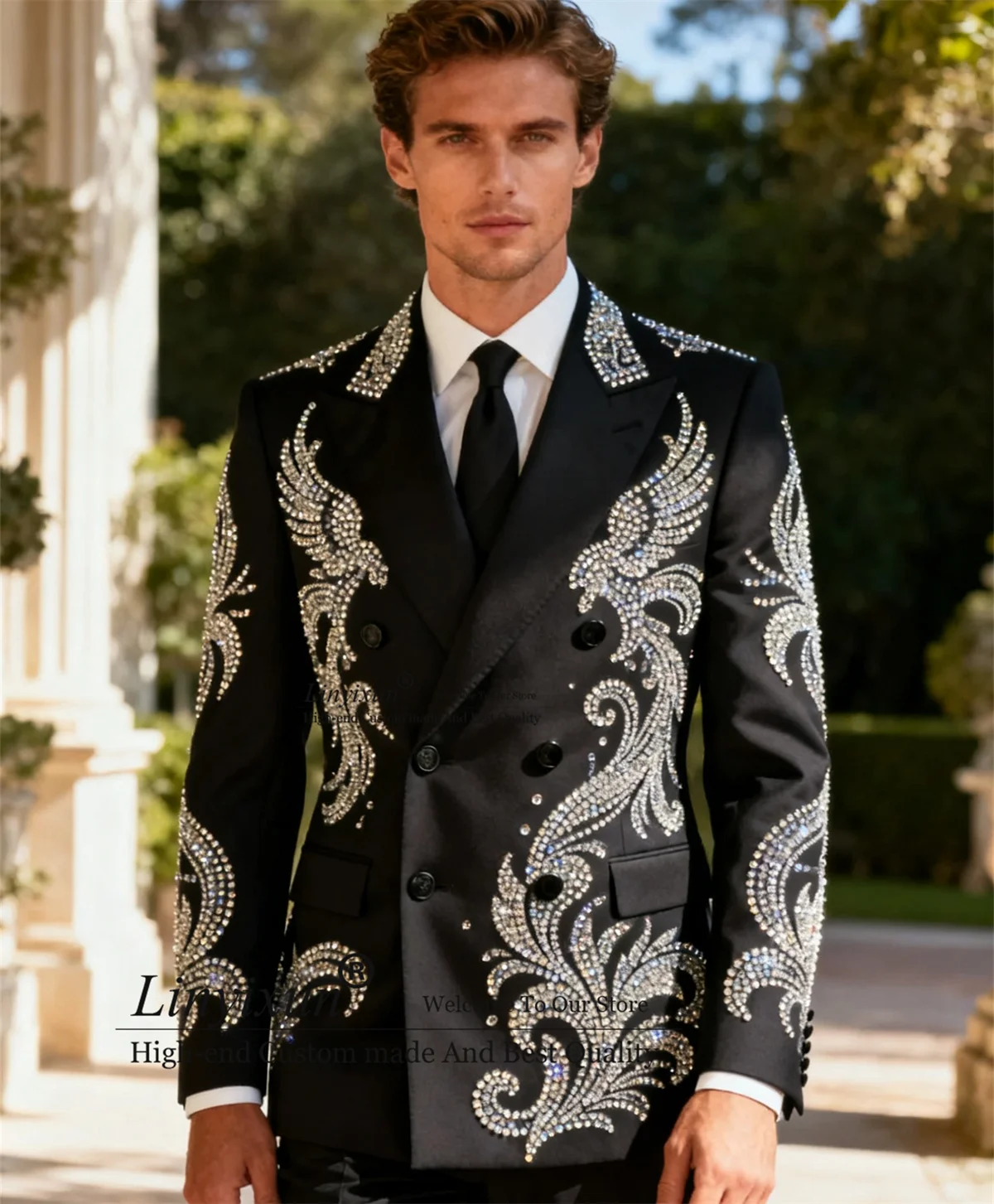 SparklyOrnament Gem Men Suits 2 Piece Sets Groom Male Blazers Peak Lapel Customized Slim Fit Wedding Tuxedos Party Costume Homme