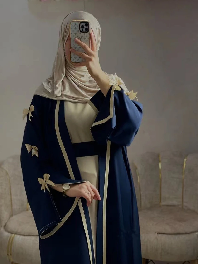 Eid Abaya Muslim Bow Women Open Dresses Jalabiya Vestidos Largos Split Sleeve Ramadan Morocco Dubai Long Robe Party Kaftan 2025