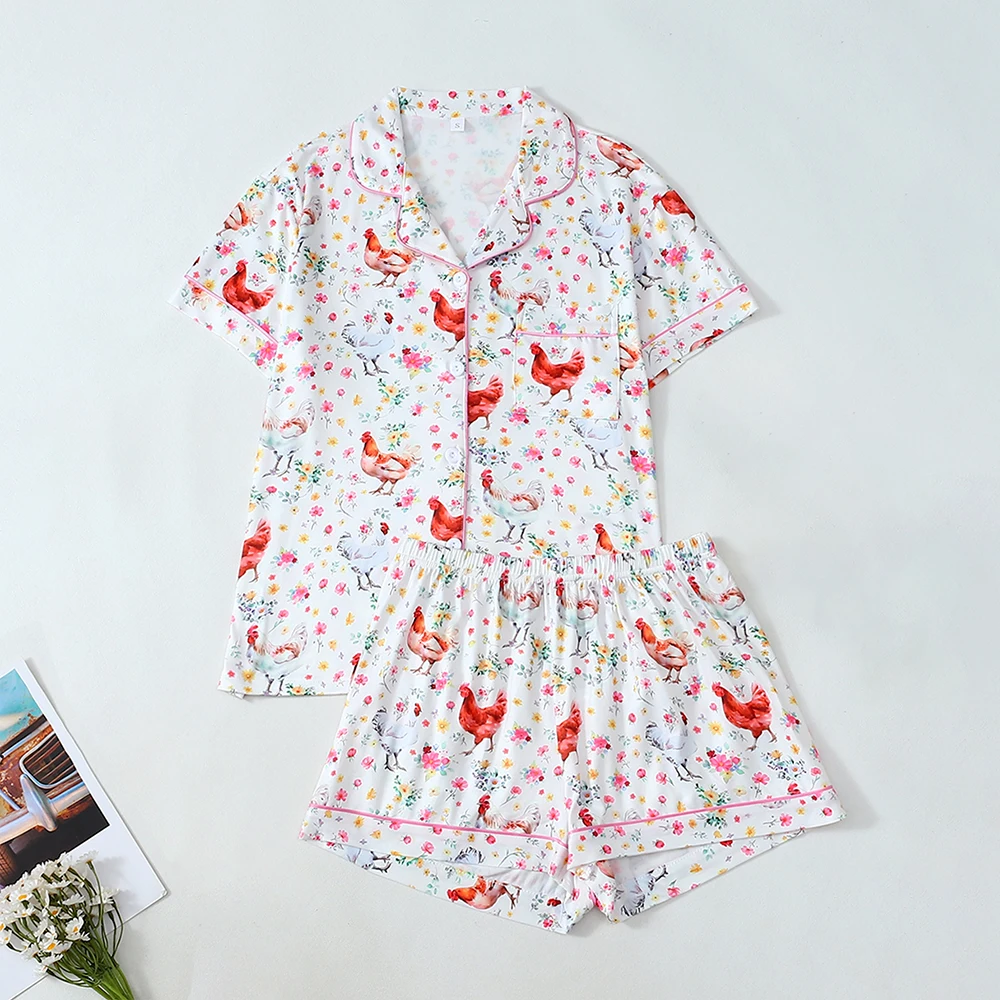 

2Pcs Women Summer Pajamas Set Rooster Flower Print Comfortable Short Sleeve Tops Loose Shorts Casual Loose Loungewear Outfits