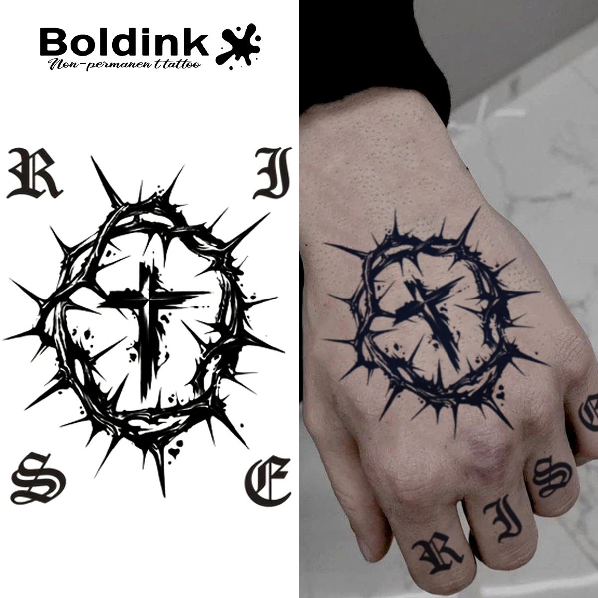 Cross On A Man's Hand Temporary Tattoo,Lasts To 15 Days New Technology Magic Waterproof Semi Permanent Sticker.