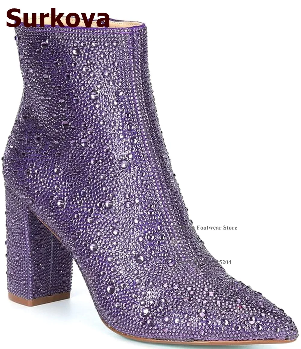 Surkova Glitter Crystal Chunky Heel Ankle Boots Shining Rhinestone Embellished Pointed Toe Short Booties Zipped Diamond Shoes