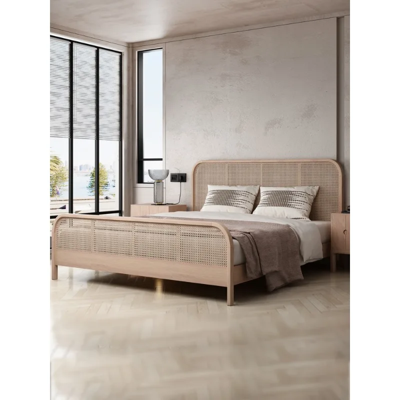 Nordic solid wood rattan double bed, retro wabi-sabi master bedroom simple single bed