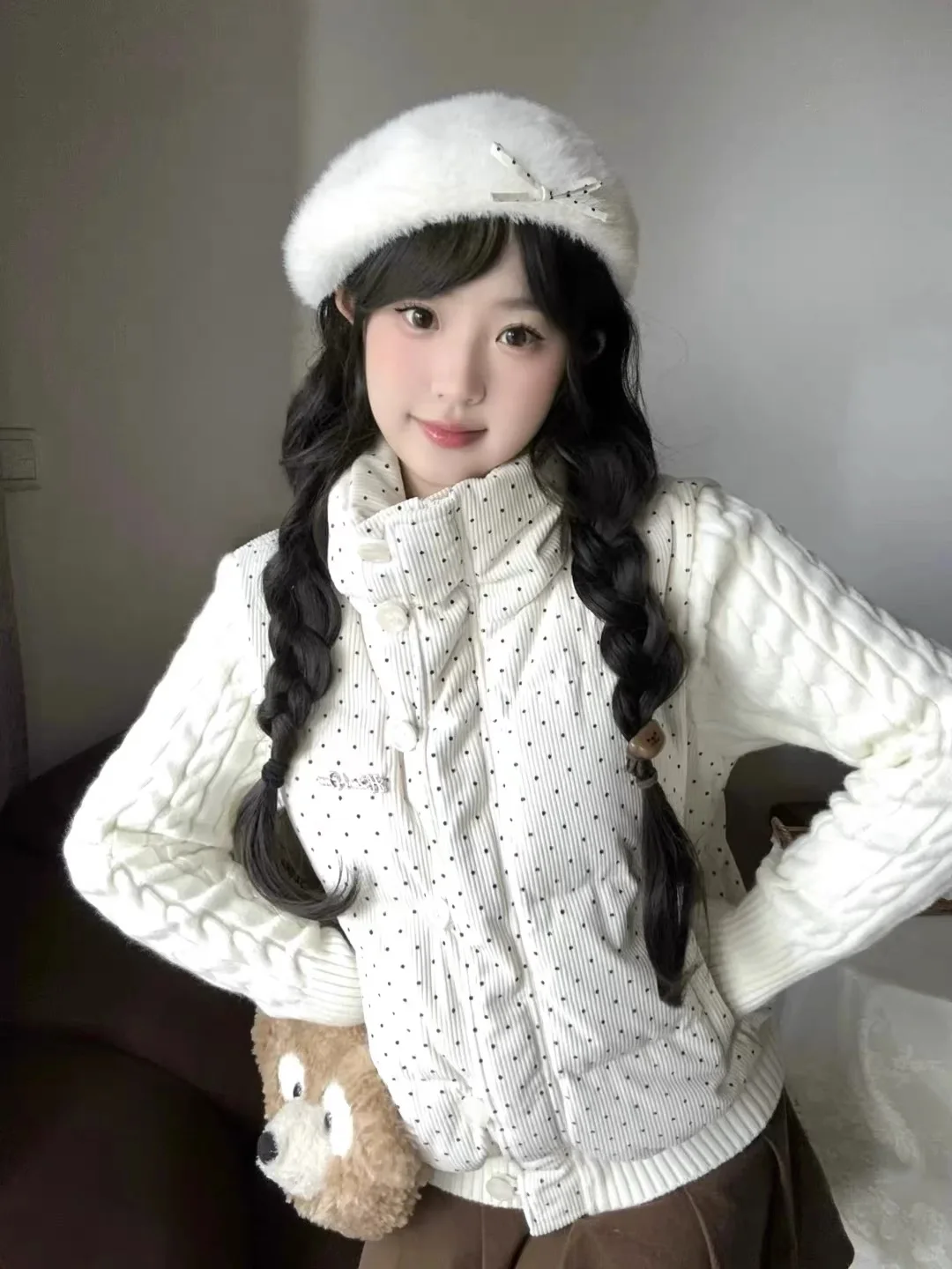 

Women's Sweater Sve Thi Cotton Coat Winter Warm Sweet Polka Dot Cotton Jaet Stand Collar Cotton Clothes Fake Two-Piece