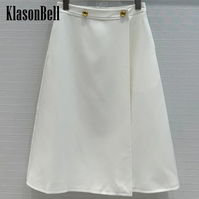 

6.30 KlasonBell Women Gold Letter Button Decoration Split Mid-Length Skirt Elegant All-matches Solid A-Lien Skirt