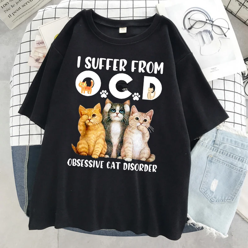 Suffer From Obsessive Cat Disorder Maglietta da donna T-shirt in cotone da strada T-shirt traspirante oversize Abbigliamento fresco morbido manica