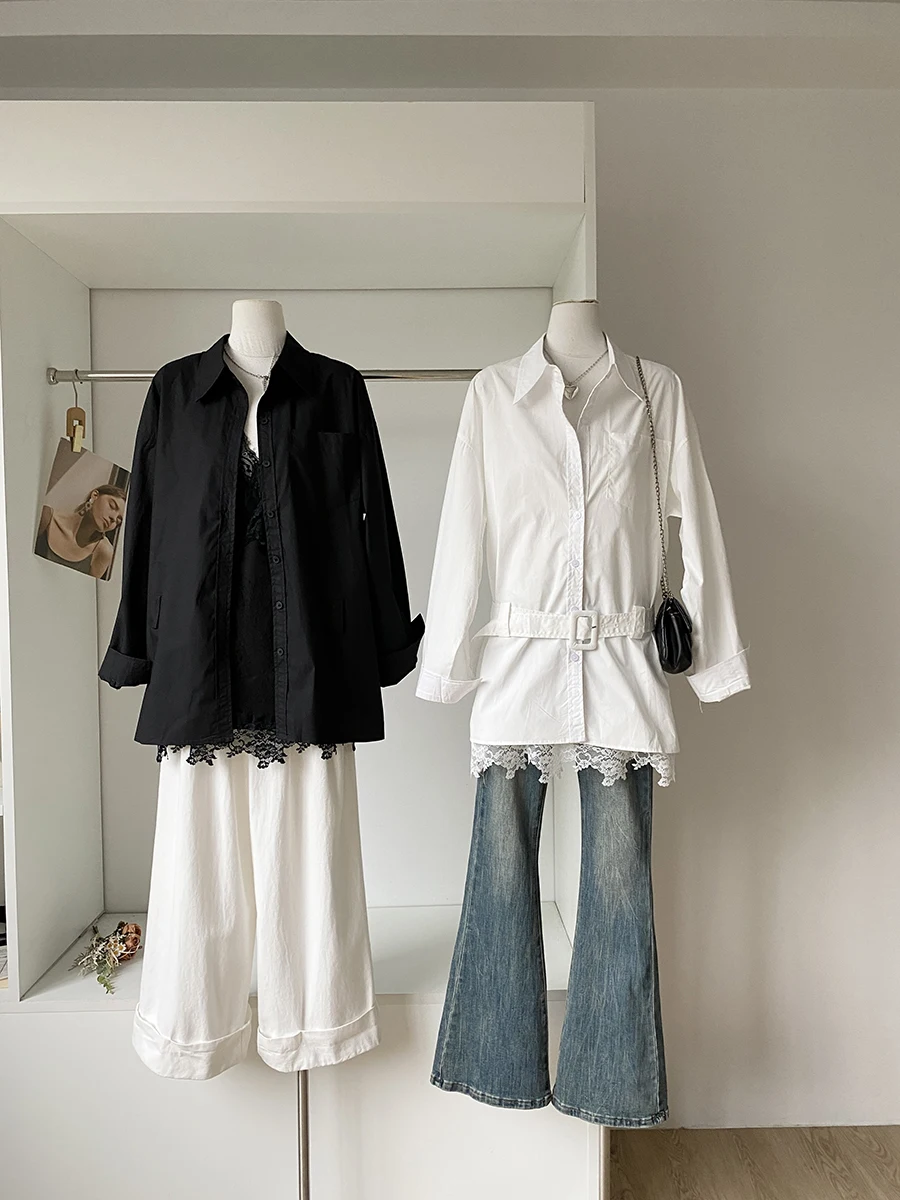 

2025 Early Autumn Korean Style Women's Long Sleeve Lace Blouse Set Loose Fit High Waist Belted Commuter Friendly Casual Wear