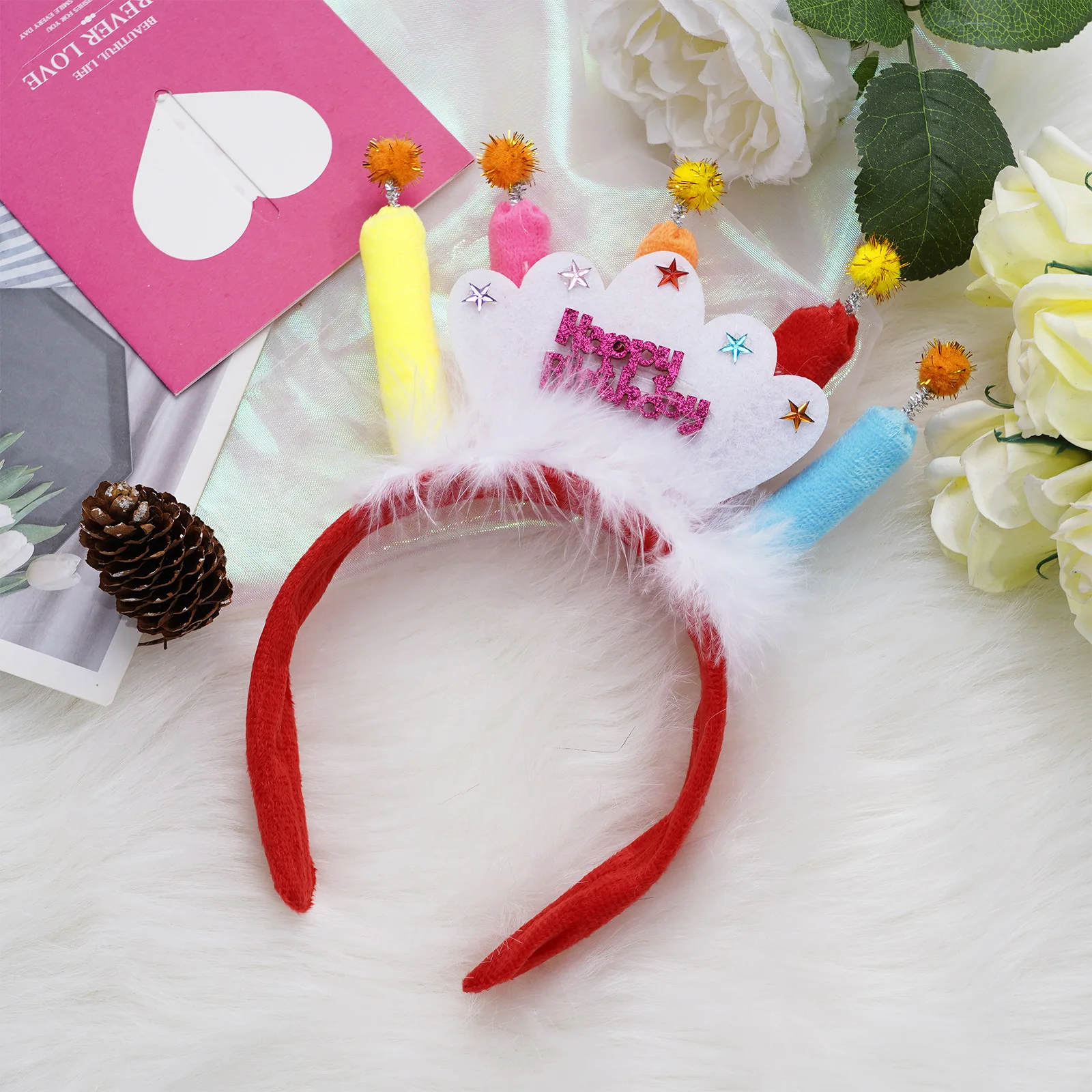 Diadema de pastel de vela de cumpleaños para niña, diadema de giro creativo lindo, decoraciones para fiesta de cumpleaños de Navidad, accesorios