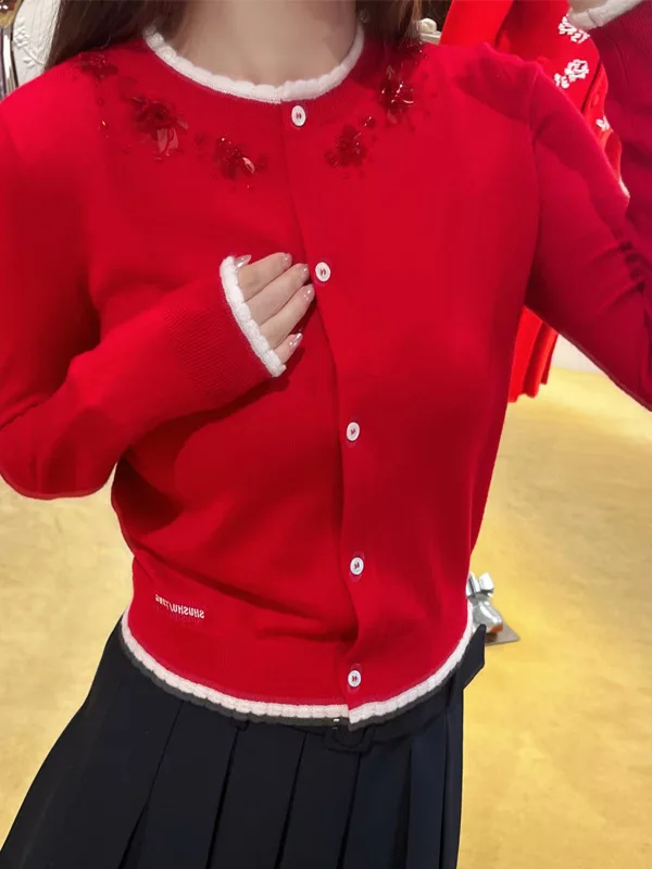 

Тяжелый праздничный Cisas Aosphere, украшение из бисера, цветная блузка, вязаный открытый кардиган на одной пуговице, женская мода