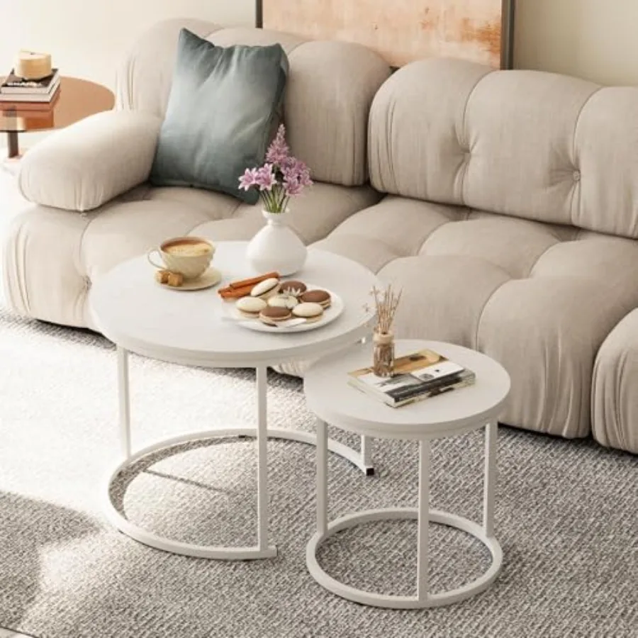 Nesting Coffee Table 23.6" Round Coffee Table Set of 2 Wooden Nesting Table Set with Metal Frame Side Tables for Living Room Be