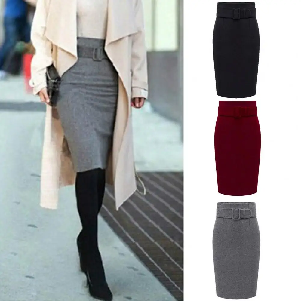 

Woolen Velvet Women Skirt High Waist Knee Length Sheath Tight Waist Thick Fall Winter Lady Midi Skirt