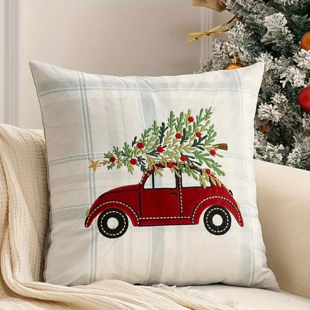 1PC Red Car Xmas Tree Print Pillow Covers, Home Decor, Sofa Couch, Bed, Bedroom Living Room, Polyester, Machine Washable, Xmas D