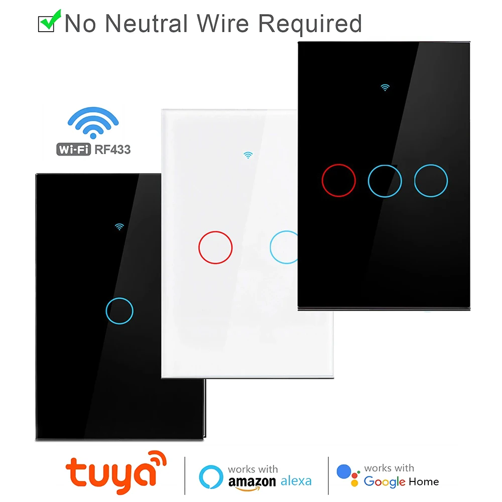 Tuya App WiFi Smart Light Switch 1/2/3 Gang No Neutral Wire US Standard Touch Wall Smart Switch Work with Alexa,Google Home