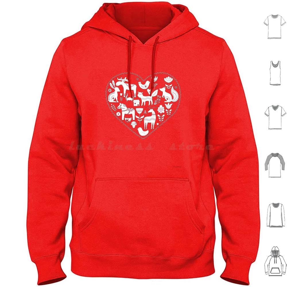 

Nordic Scandinavian Art Heart Dala Horse Folk Art Flowers Hoodies Long Sleeve Nordic Scandinavian Art Heart Dala Horse