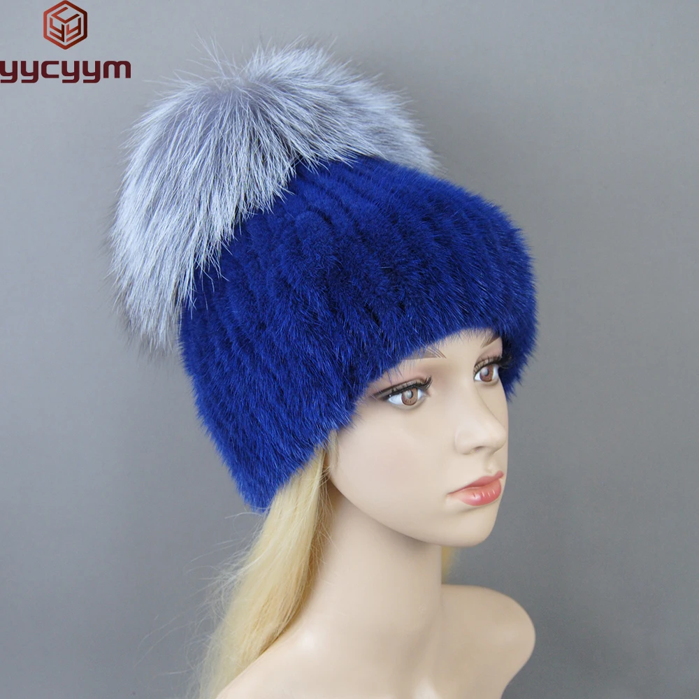 

2024 New Luxury Women Winter Mink Fur Hats Knitted Real Mink Silver Fox Fur Caps Female Russian Winter Warm Real Fur Beanies Hat