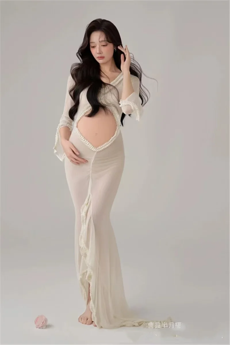 Maternity Dress Gown For Photo Shoot Sexy Transparent Ruffle Pregnant Woman Belly Hollowed Out Long Sleeved Baby Shower Dress