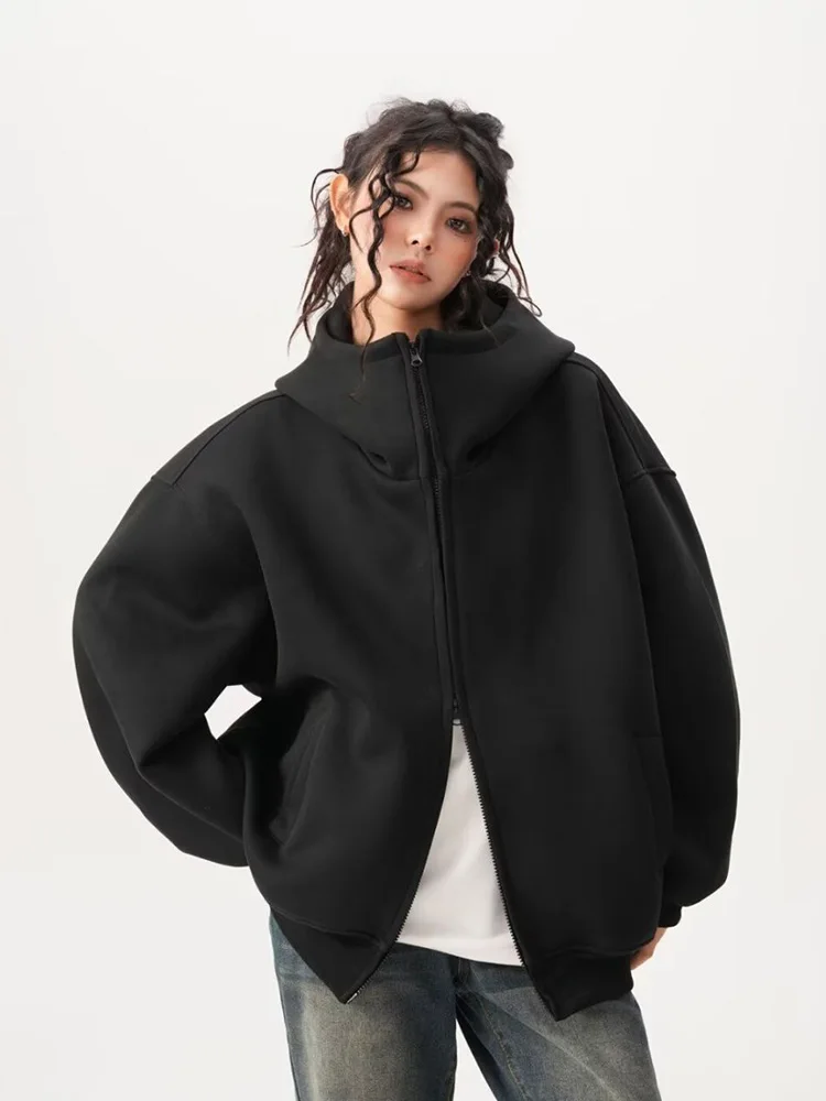 Zoki Y2K Black Hoodies Women Streetwear Oversize Loose Long Sleeve Retro Sweatshirt American Harajuku Vintage Bf Tops Coats New