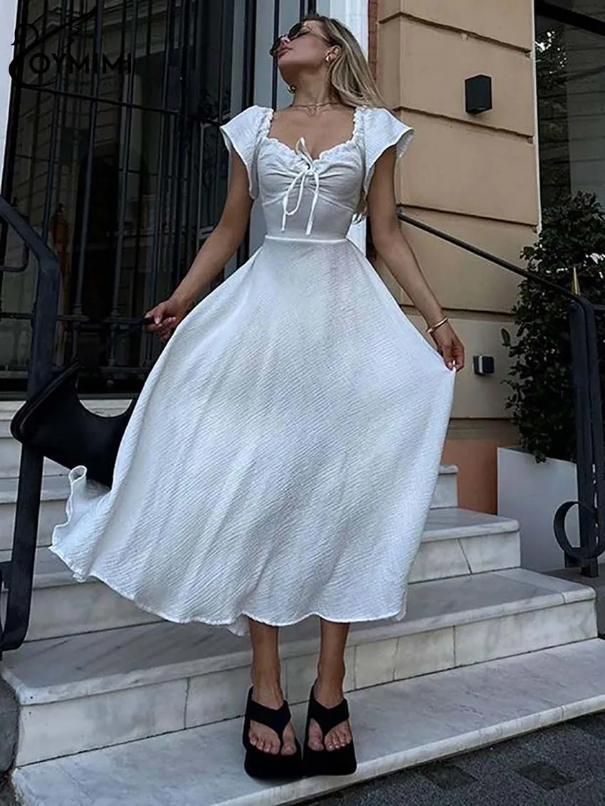 Oymimi Elegant White Cotton Dresses For Women Fashion Lace-Up Short Sleeve V-Neck Dresses Spring High Waisted Mid-Calf Dress