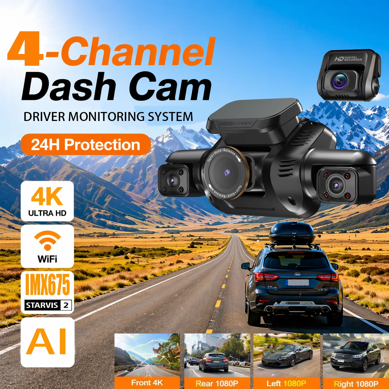 HUPEJOS V8Max-4CH STARVIS 2 HDR IMX675 360 °   Cámara de salpicadero 4K con control de voz WiFi GPS incorporado AI DMS, pantalla táctil de 3", modo de estacionamiento