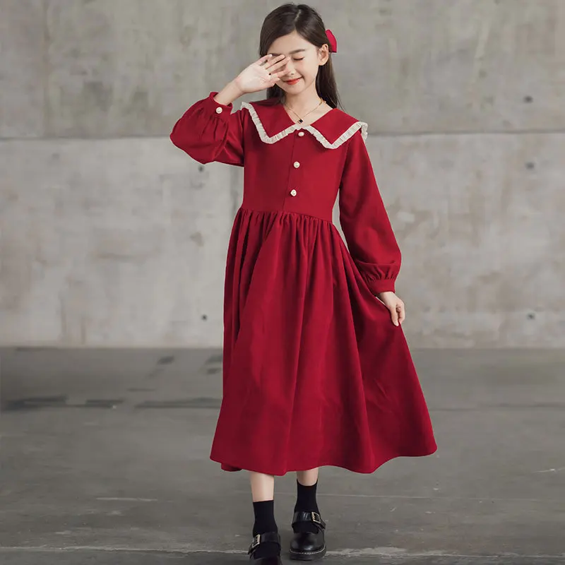 2024 autumn winter Europe western Kids Baby girl clothes red long sleeve party Dresses teenager Corduroy 4 5 6 8 9 10 11 12 year