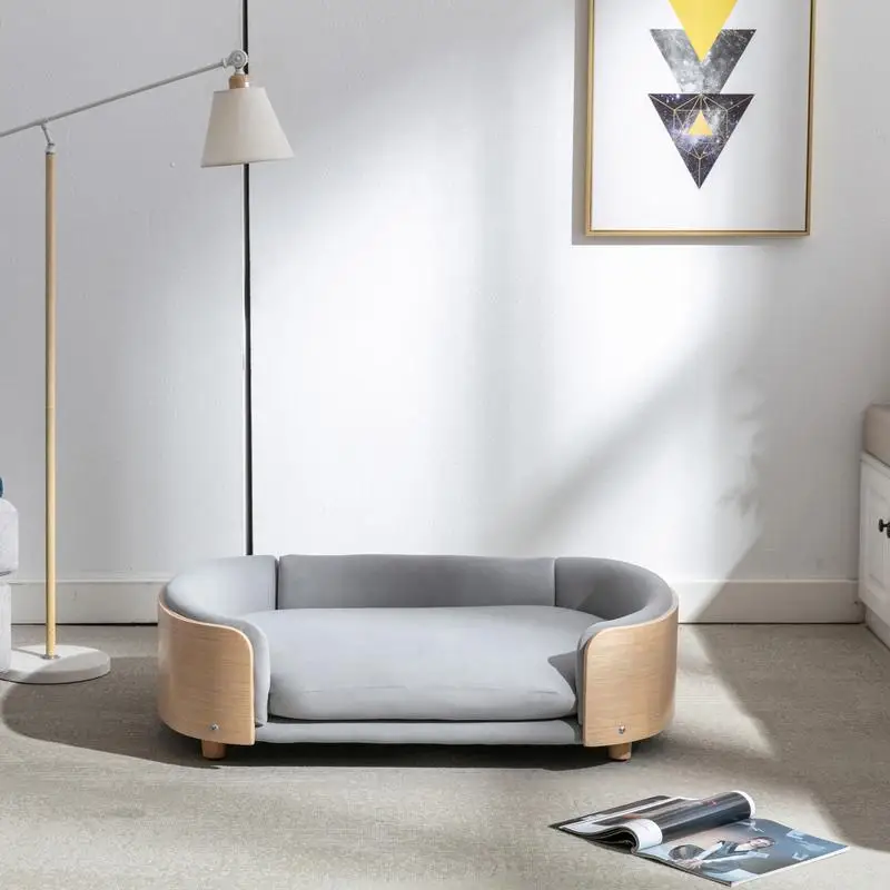 أريكة سكاندي المرتفعة لسرير الكلاب مع أرجل خشبية صلبة، ظهر خشبي منحني، وسادة مخملية، مقاس كبير #4