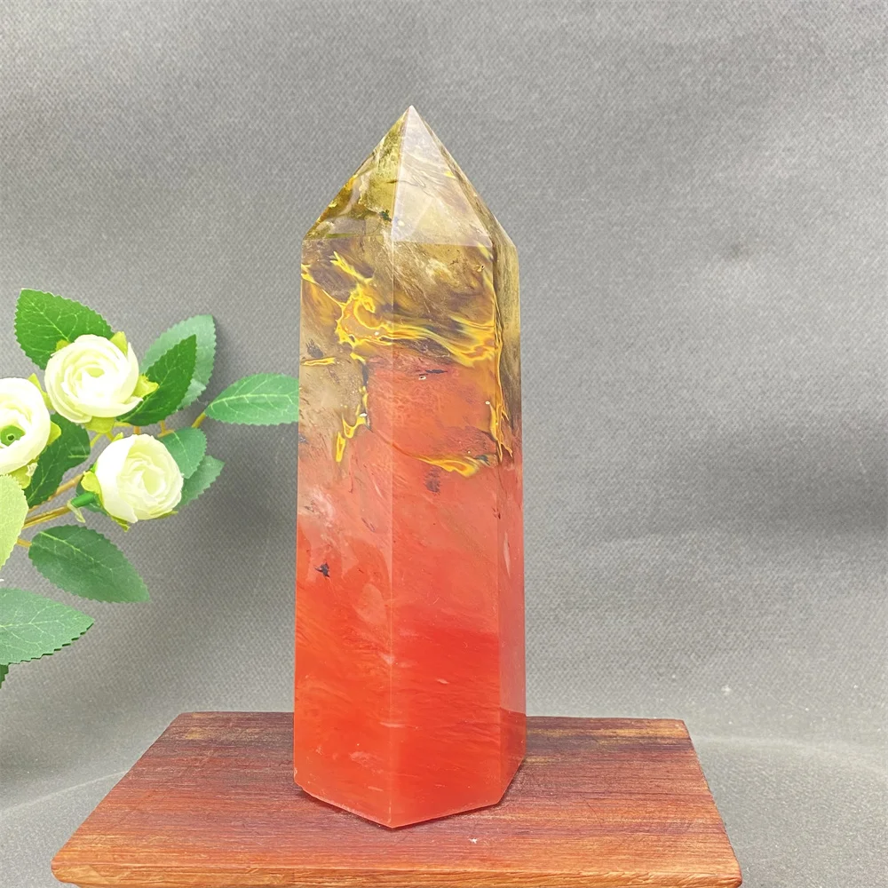 Red Smelt Quartz Crystal Tower Hexagonal Prism Magic Wand Ornament for Room Office Garden Tank Table Yoga Meditation Gift