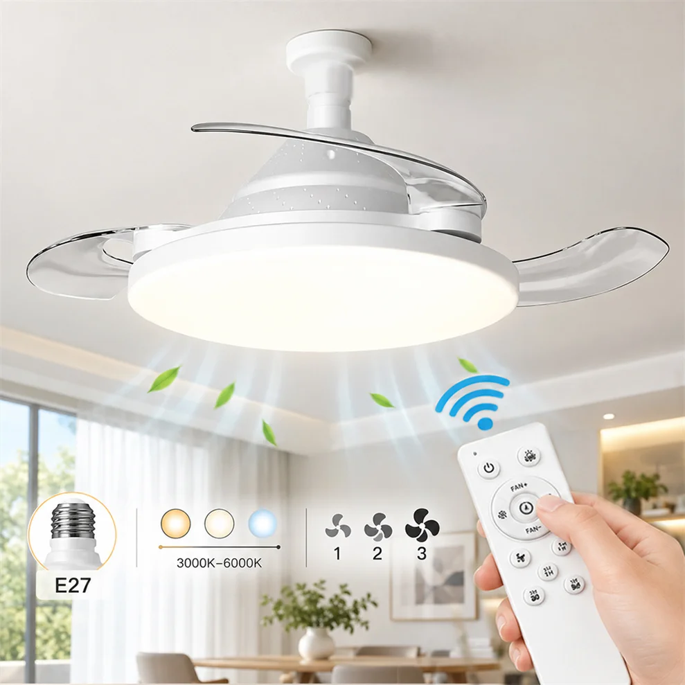 High Brightness Invisible Ceiling Fan Light Smart Silent AC85-265V with Remote Control E27 Socket Converter Base Bedroom Living