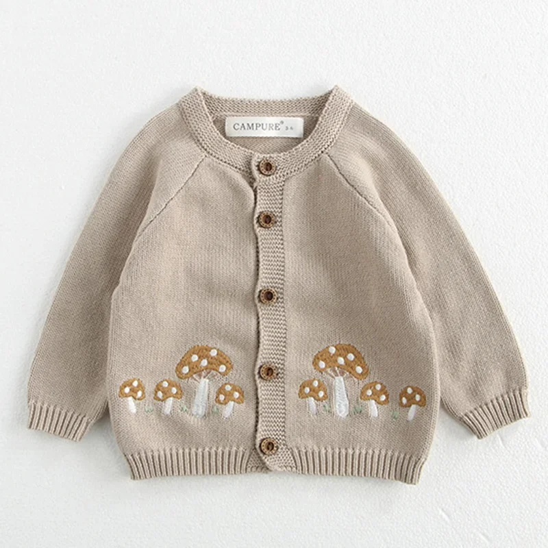 0-3Y Cute Mushroom Embroidery Girls Knitted Cardigans New 2025 Autumn Baby Sweaters Coat Single Breast O-Neck Infant Sweater Top