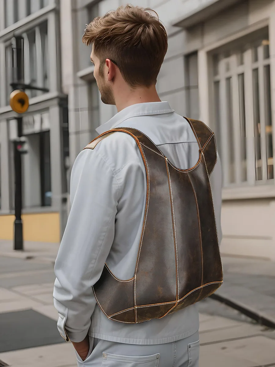 Leather Backpack, Brown Vest Shoulder Bag Men\'s Casual Handmade Cowhide Personality Trend Fashion Men\'s Backpack