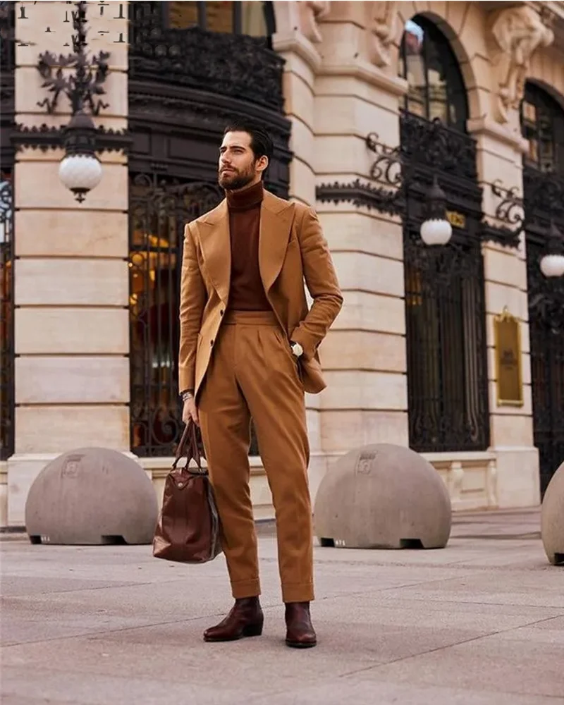 

Vintage Brown Suits For Men Formal Casual Party Peak Lapel Balzer Fashion Street Suit Coat Pants 2Pcs Set Male Outfits Customize