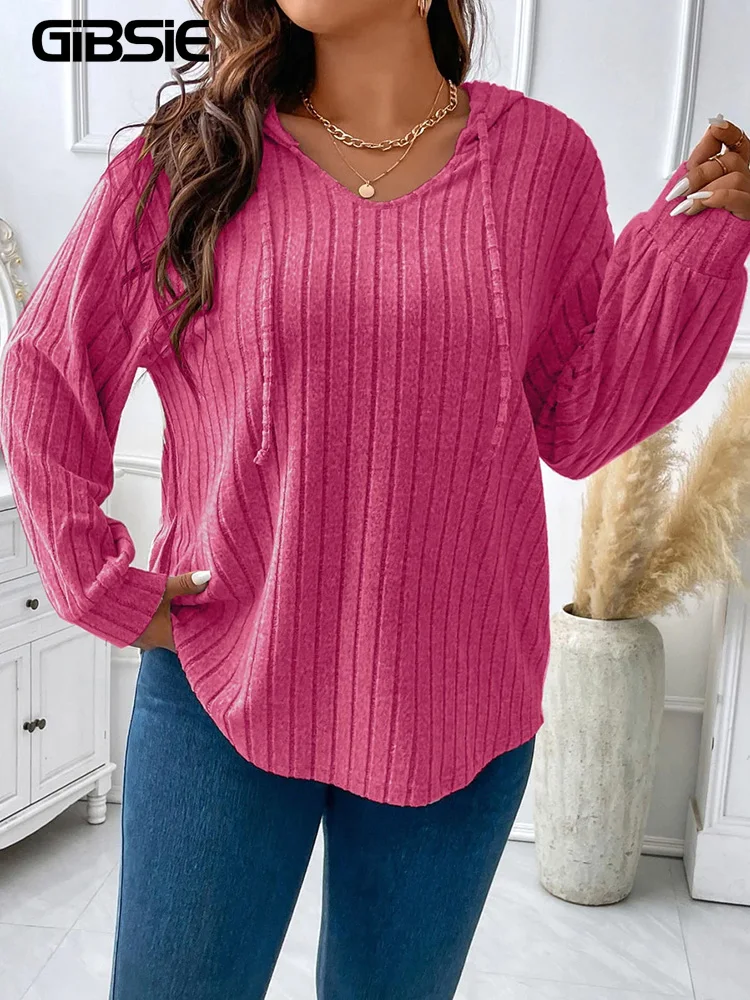 GIBSIE Plus Size Womens Tshirts Drawstring Hooded Long Sleeve Tops Tee Solid Ribbed Knit Casual T Shirts Fall Clothes 2023