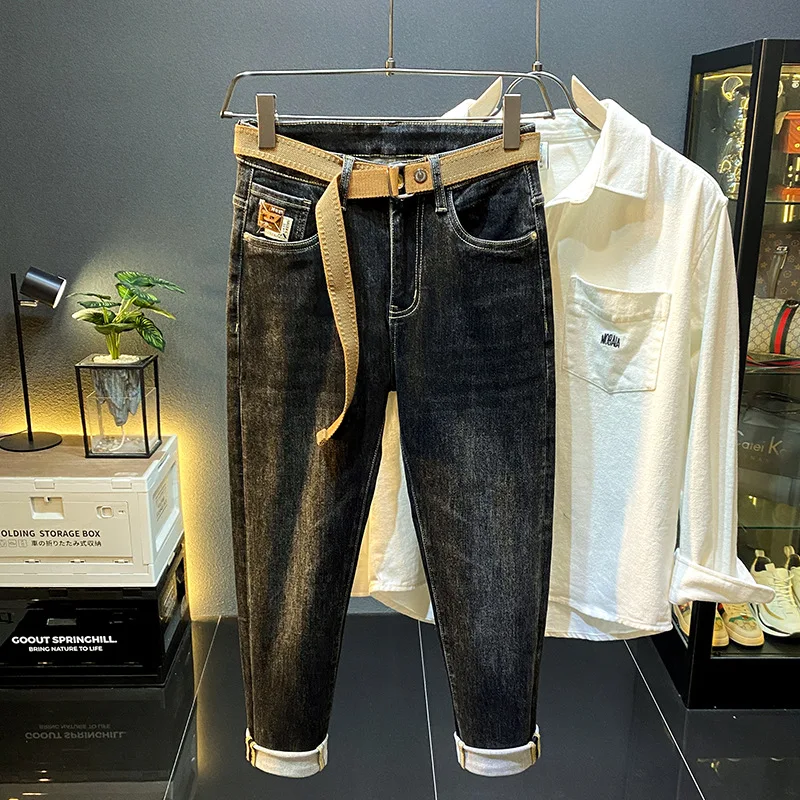 2024 new style with belt jeans men's fashion embroidery high-end casual slim fit skinny casual stretch denim long pants