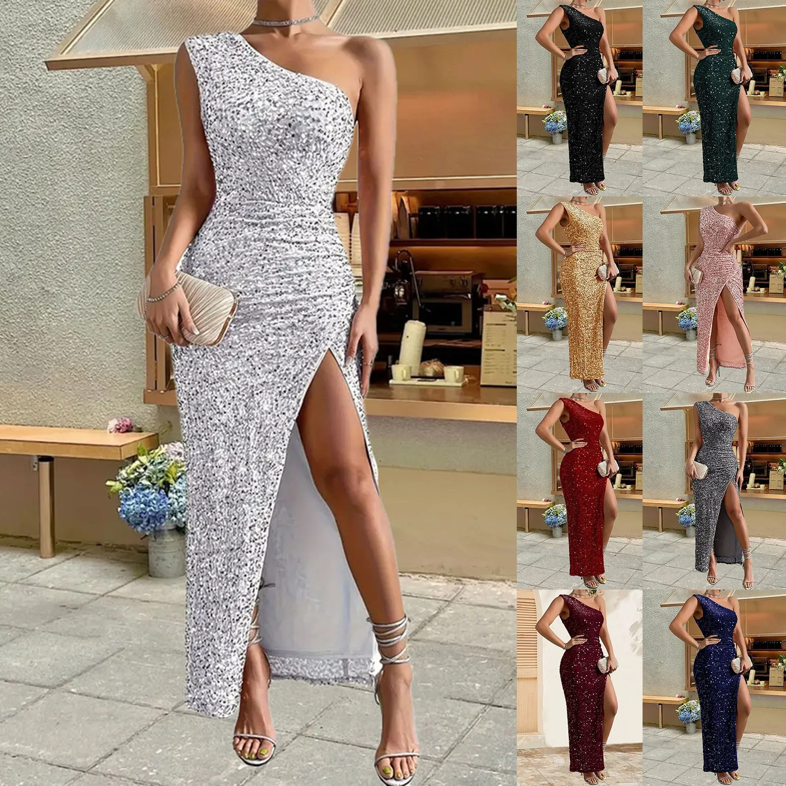 Casual Asymmetric Hollow Sleeveless Long Dress Elegant Multi Color Split Dresses 2025 Fashion Shiny Sequin Slim Club Party Dress