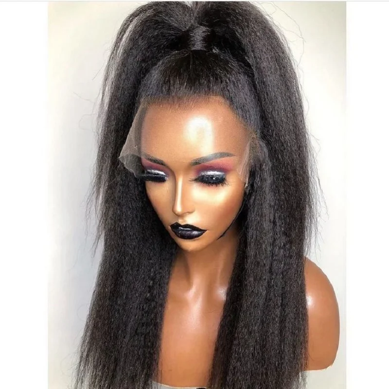 

Natural Soft Yaki Glueless 180 Density Straight Black Long Lace Front Wig For Women Baby Hair 26“Long Heat Resistant Preplucked