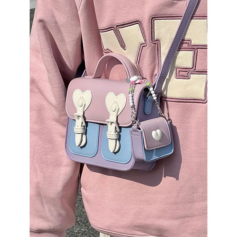 PU leather women's crossbody bag with contrasting cream, cute hand-held square change bag, Cambridge bag, single-shoulder bag