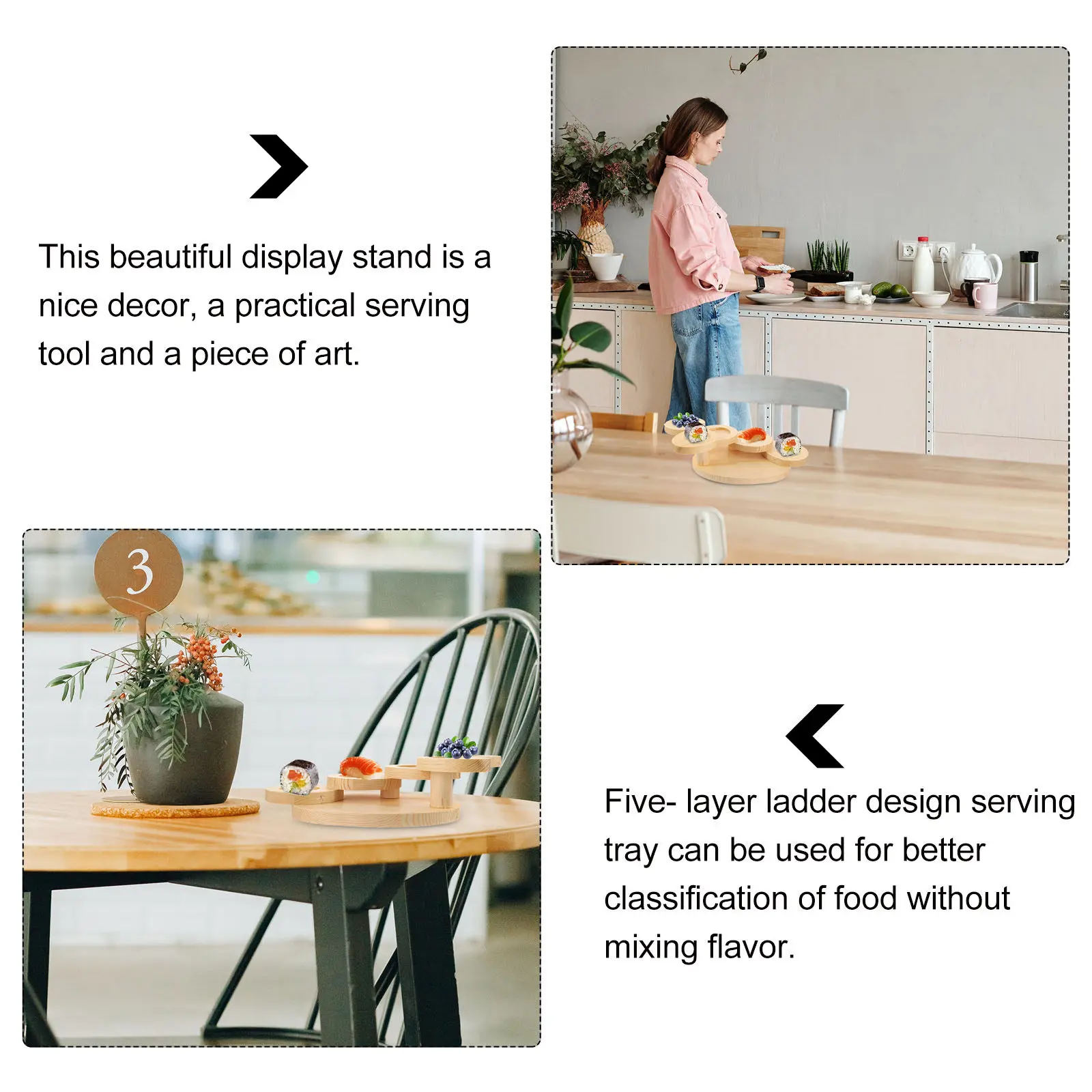 Wooden Five-Layer Sushi Display Stand Dessert Serving Tray Snack Food Presentation Rack Rotating Step Shape Artistic Serving